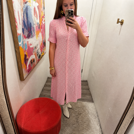 Bright Printed Button Down Midi Dress Blush Mix