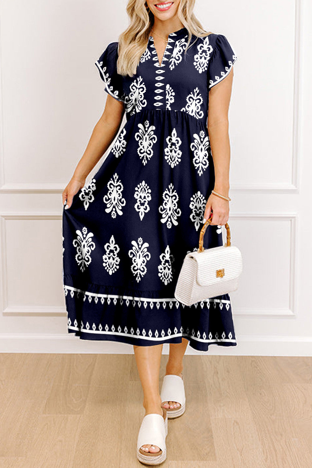 Navy Print Notched Neck Short Sleeve Midi Dress