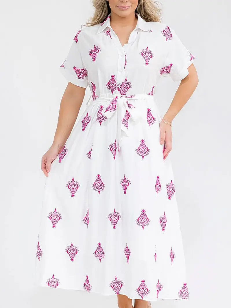 Button Up Self Tie Embroidery Maxi Dress