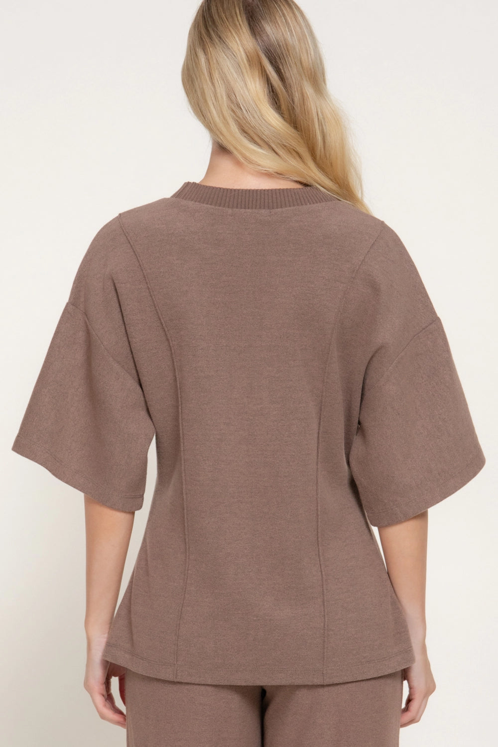 Elbow Sleeve Round Neck Brushed Knit Top with Flared Hem junior fit