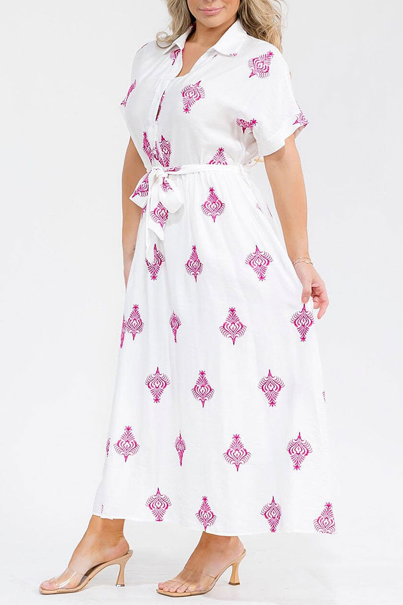 Button Up Self Tie Embroidery Maxi Dress