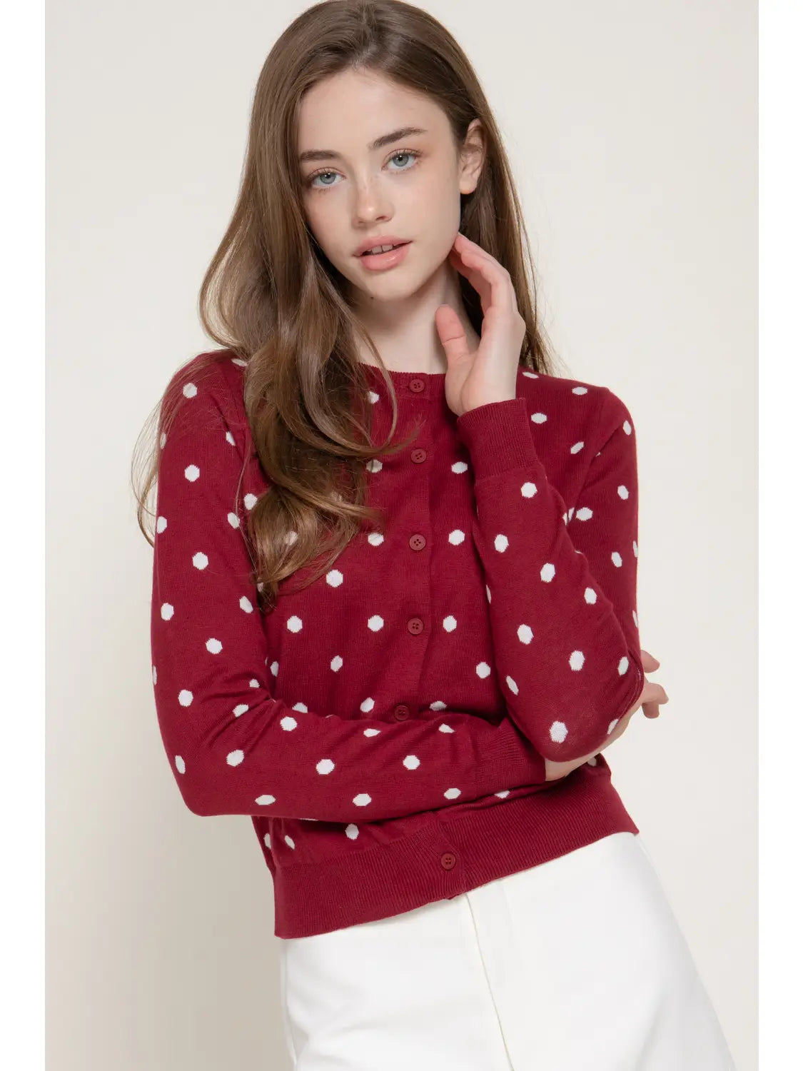 Long Sleeve Crew Neck Button Down Dot Sweater Cardigan