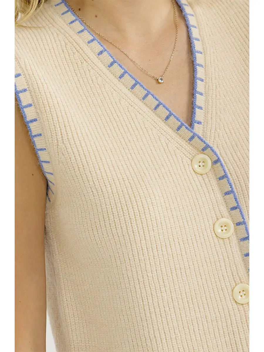 Sleeveless Button Up Trim Detailed Sweater Top