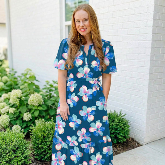 Blue Floral Print Short Puff Sleeve Ruffle Hem Belted Long Dress