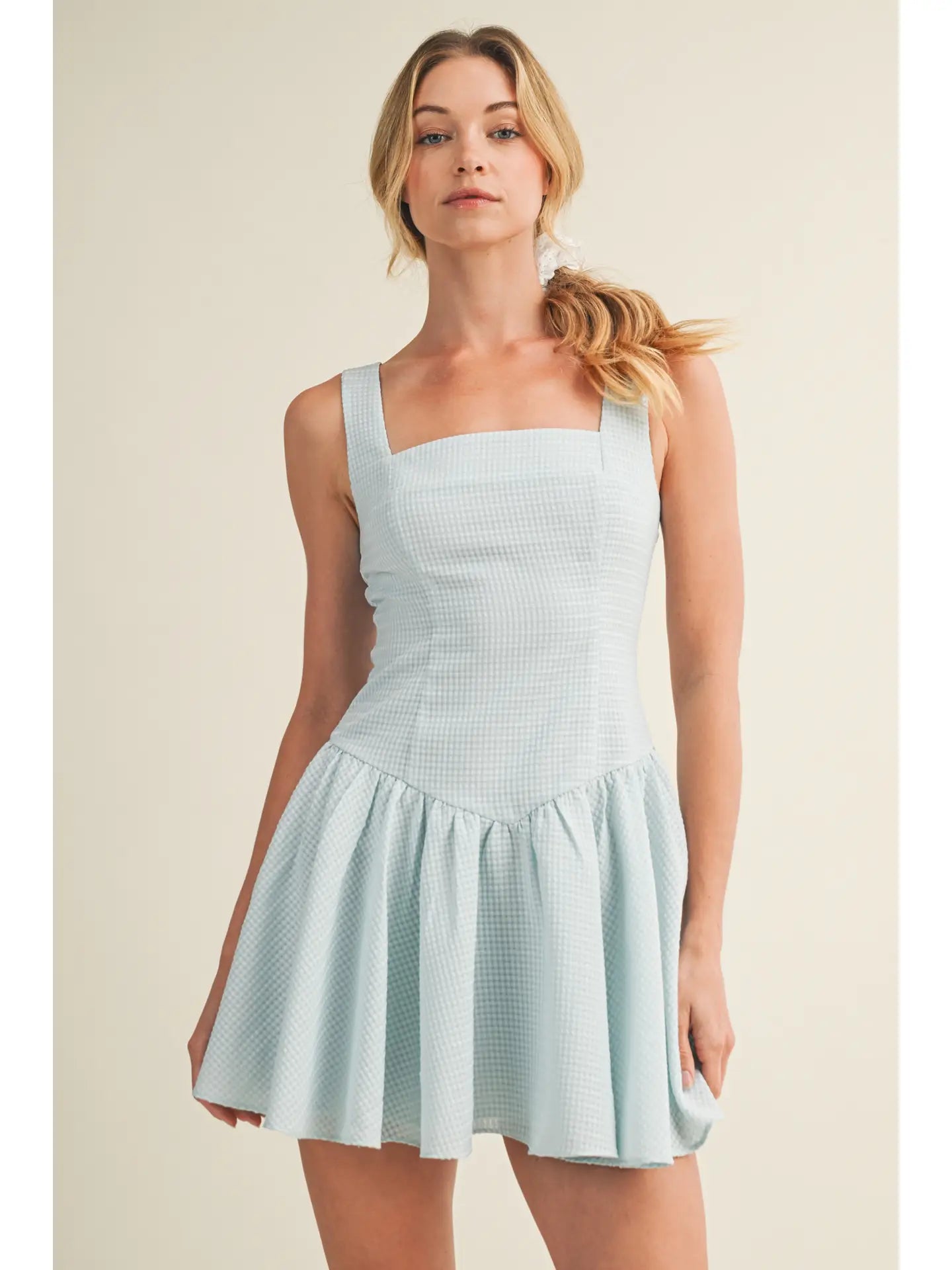 Seersucker Square Neck Drop Waist Dress