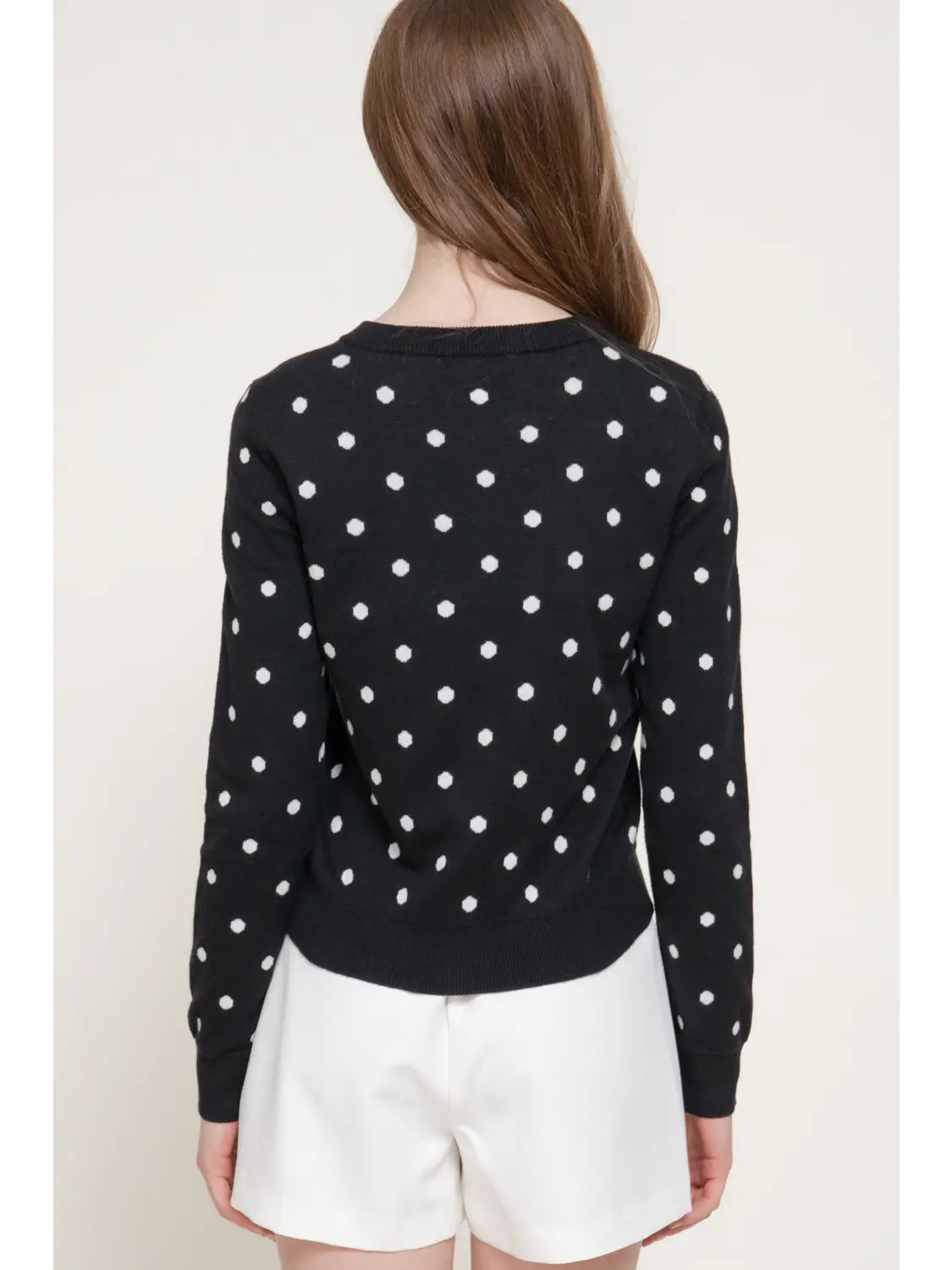 Long Sleeve Crew Neck Button Down Dot Sweater Cardigan