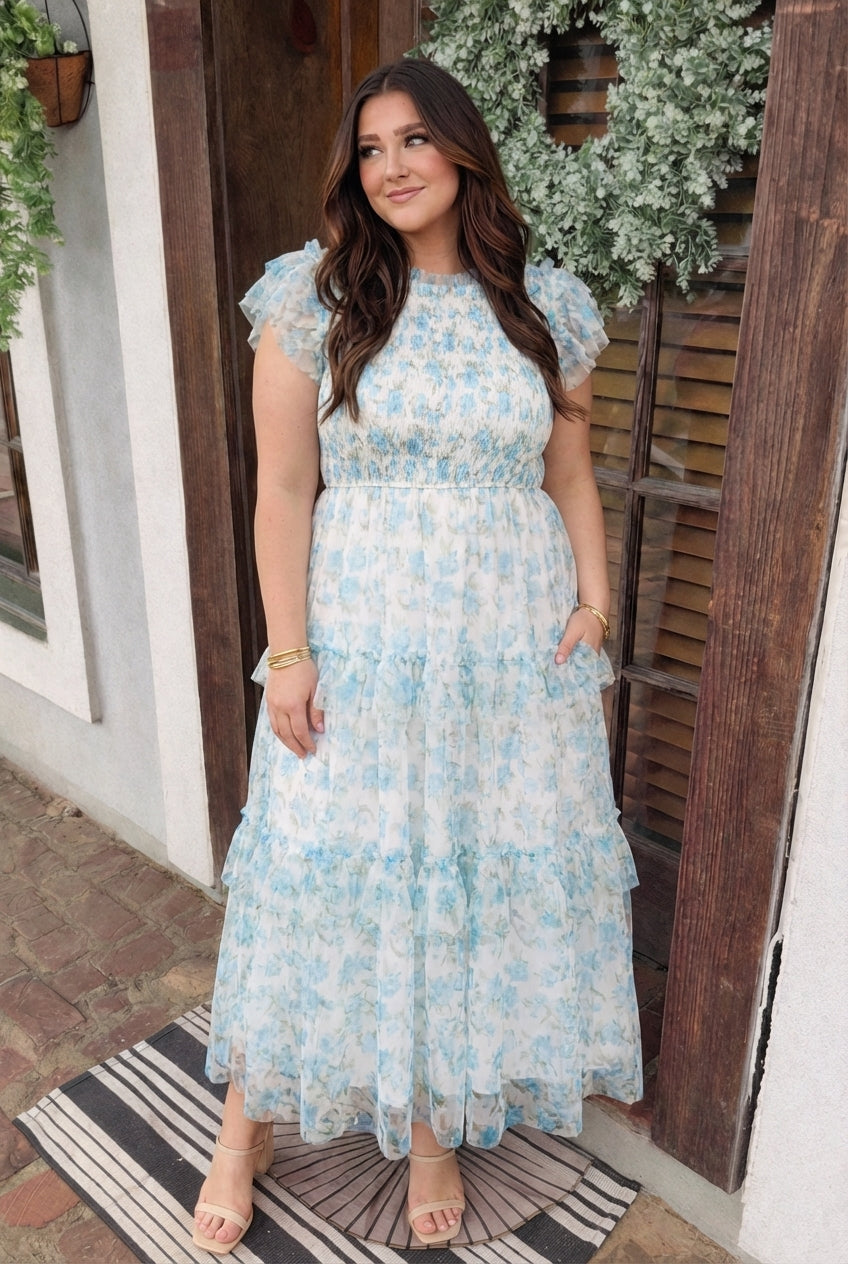 Plus Floral Tulle Pattern Smocked Midi Dress