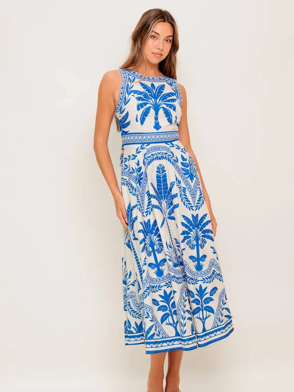 Printed Woven Midi Dress  blue tropics