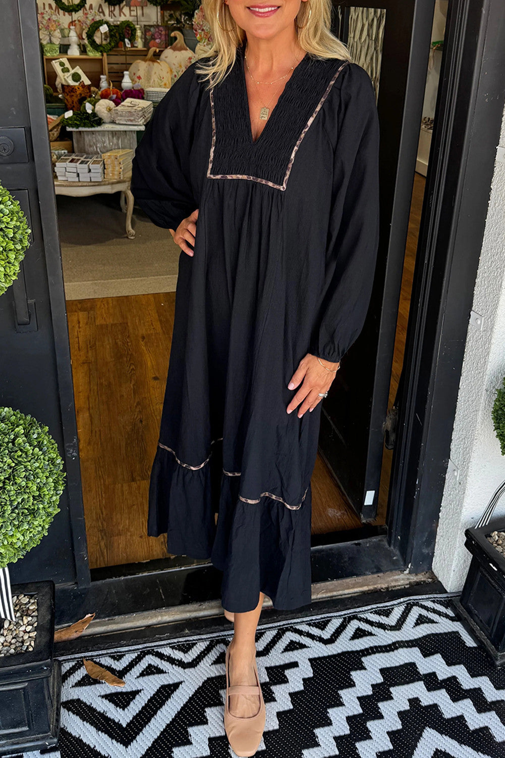 Black Collared V Neck Smocked Detail Contrast Leopard Trim Bracelet Sleeve Long Dress