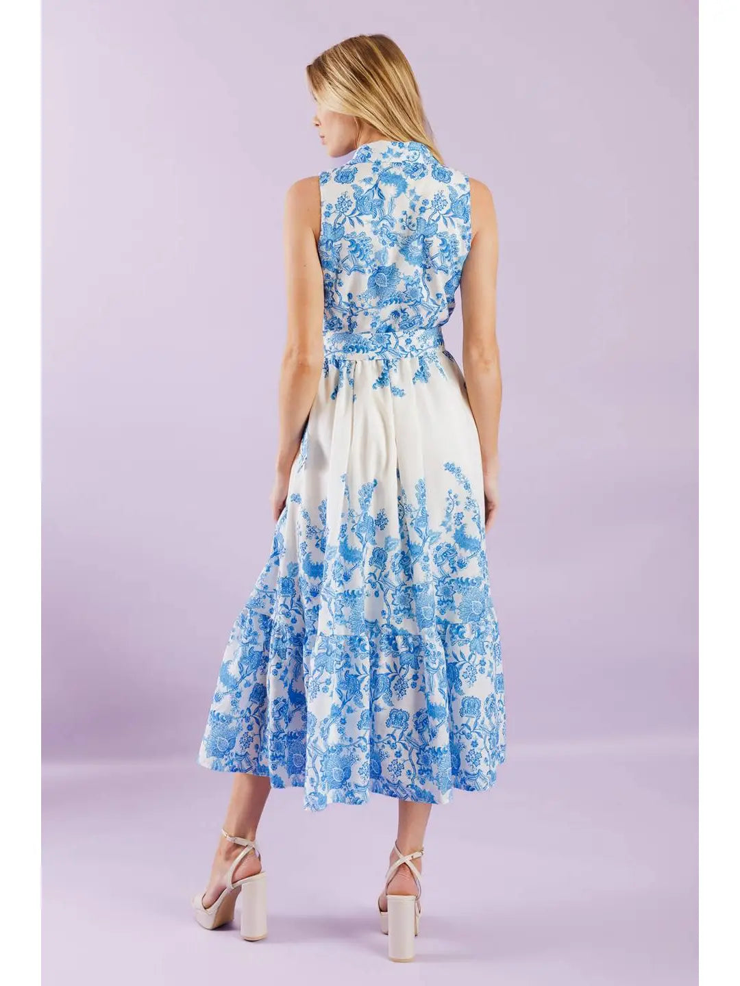 Printed Woven Midi Dress white and blue
