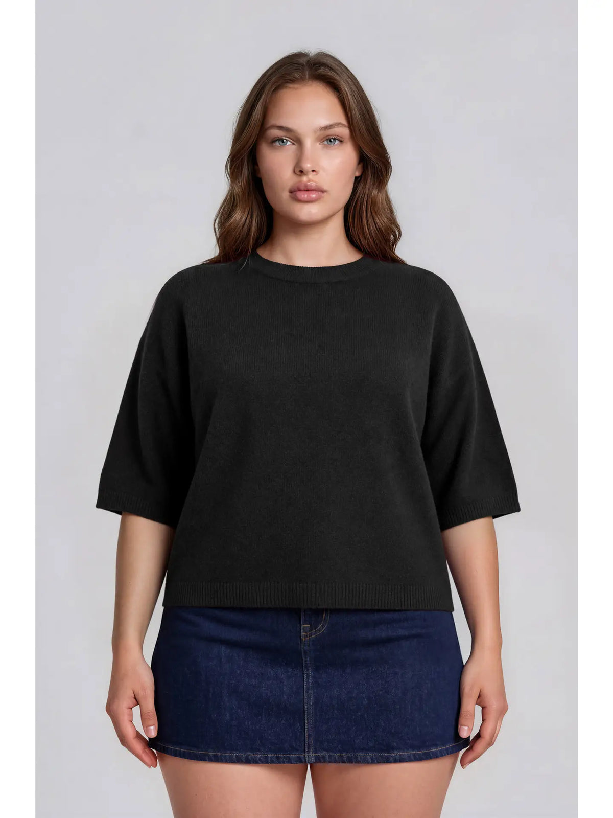 Plus Heathered Crew Neck Half Sleeve Boxy Pullover