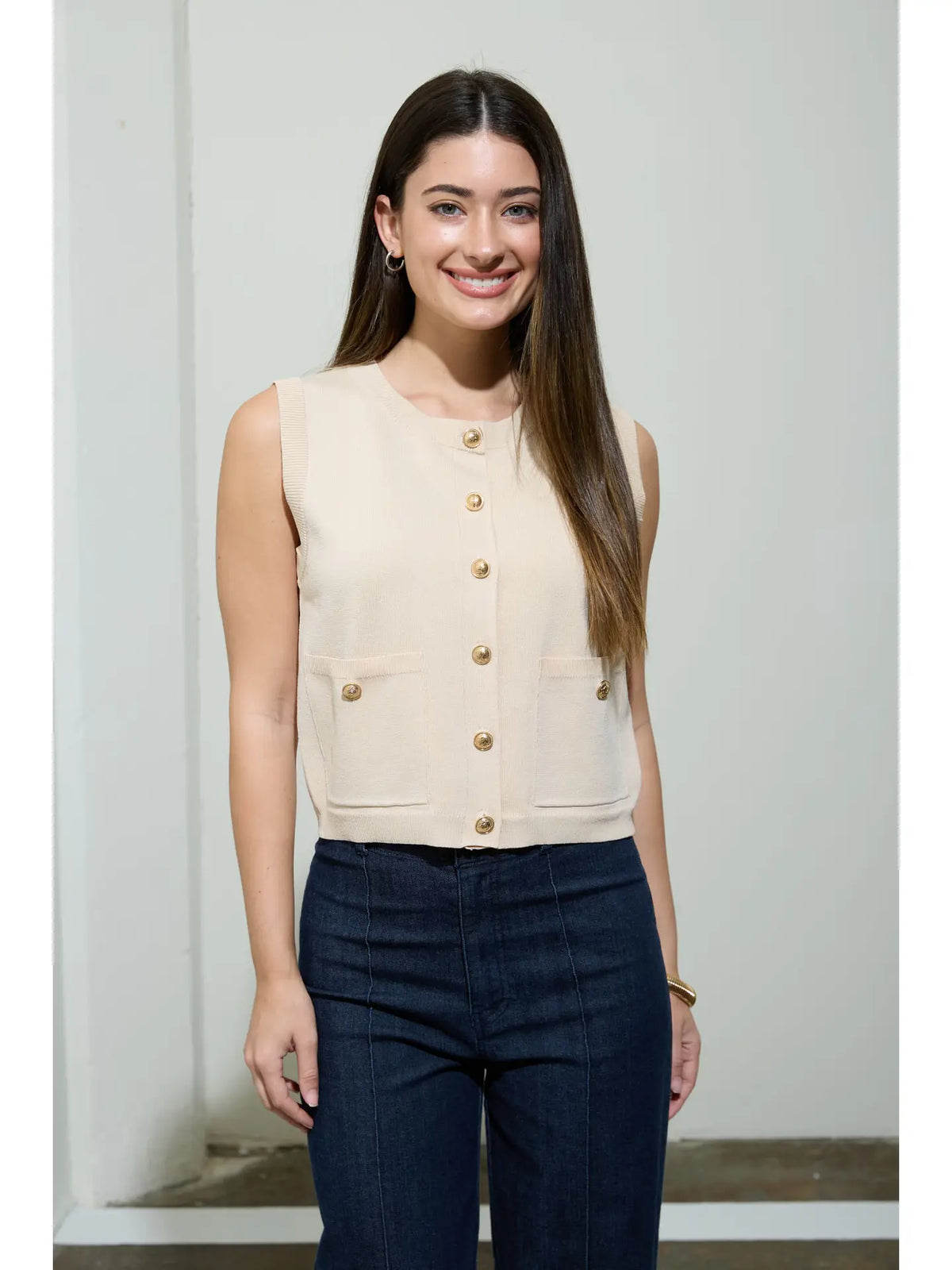 Gold Button Round Neck Knit Cardigan Vest