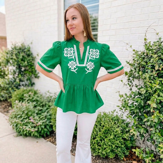 HALF SLEEVE V NECK WITH FLORAL EMBROIDERY WOVEN TOP WITH LACE DETAIL