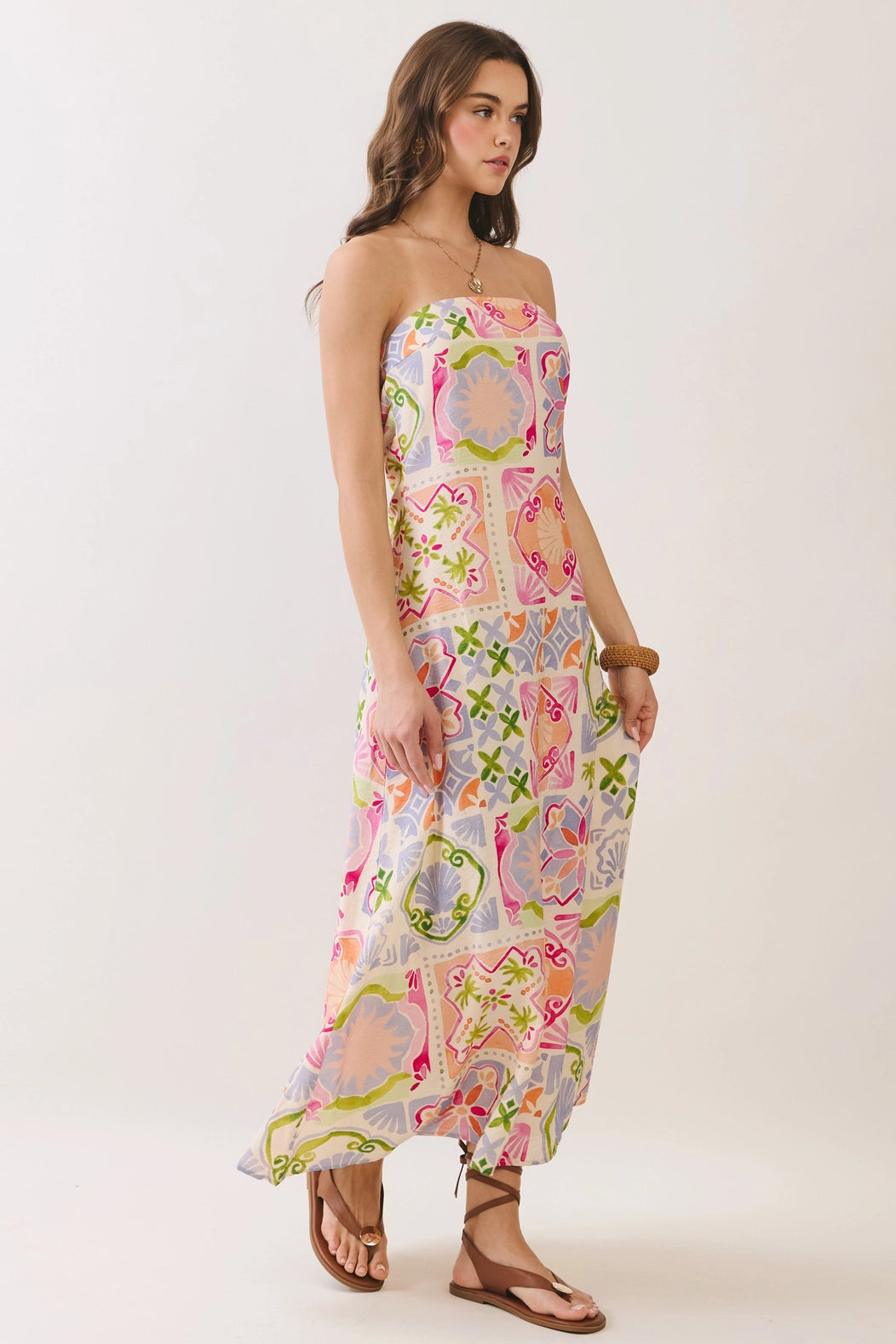 Tile Print Side Zipper Strapless Maxi Dress