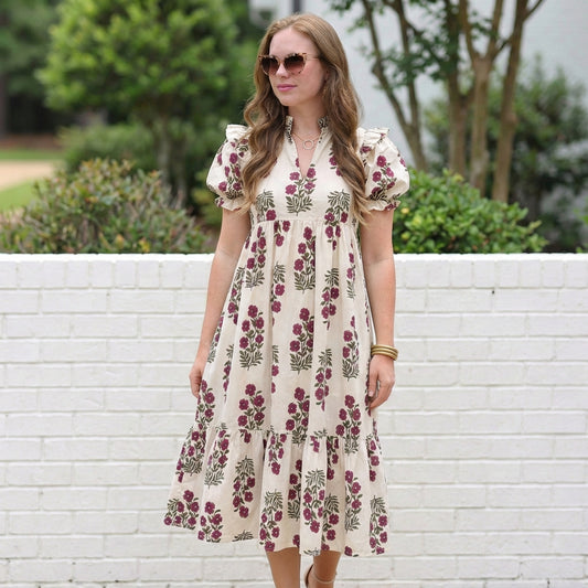 Beige Floral Short Bubble Sleeve Tiered Maxi Dress