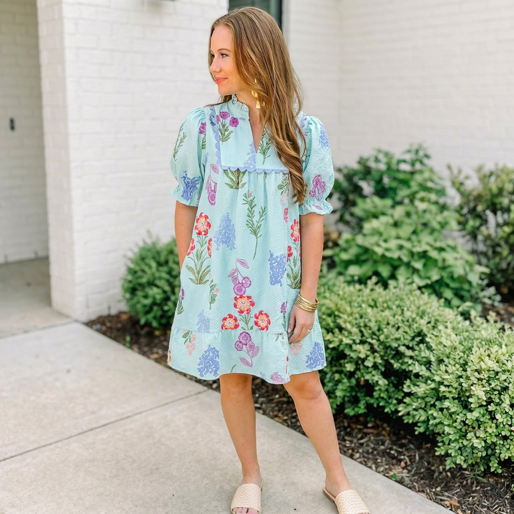 Multi Flower Print V-Neck Dress