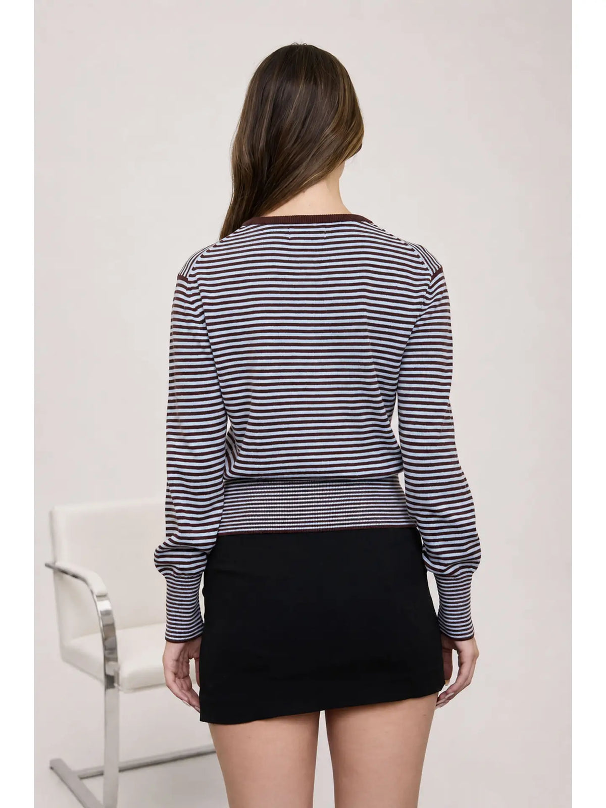 Stripe Round Neck Button Down Ribbed Hem Cardigan