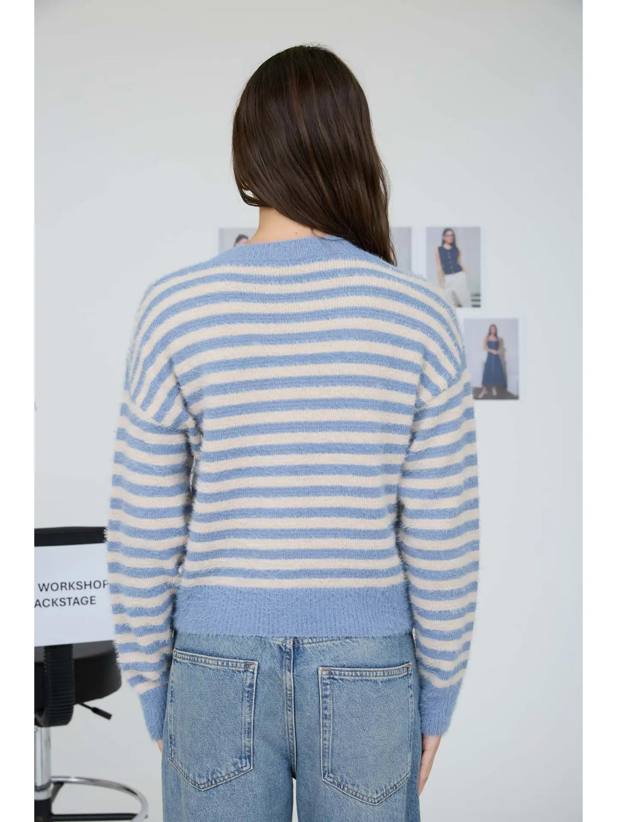 Stripe Round Neck Button Down Fuzzy Knit Cardigan