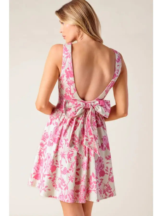 Printed Woven Mini Dress  pink and white with bow in back