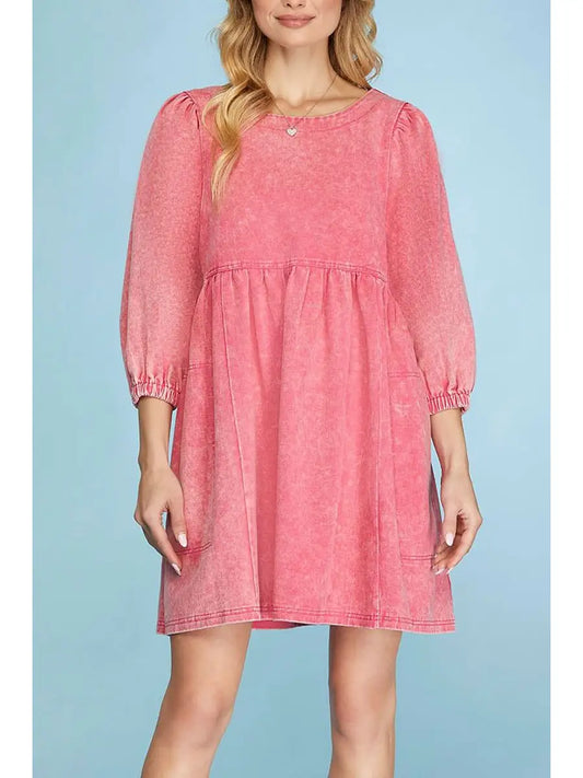 3/4 Sleeves Wash Twill Babydoll Mini Dress
