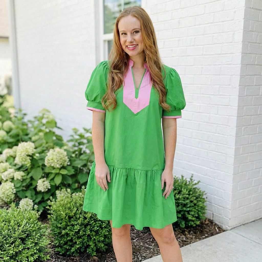Bright Green Color Block Detail Split Neck Short Puff Sleeve Ruffle Hem Mini Dress