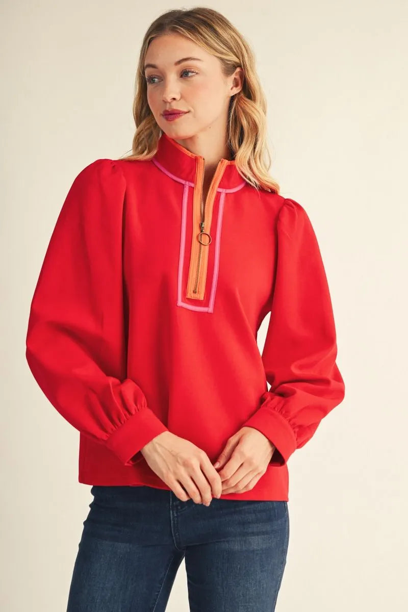 Long puff sleeves front zip up casual top