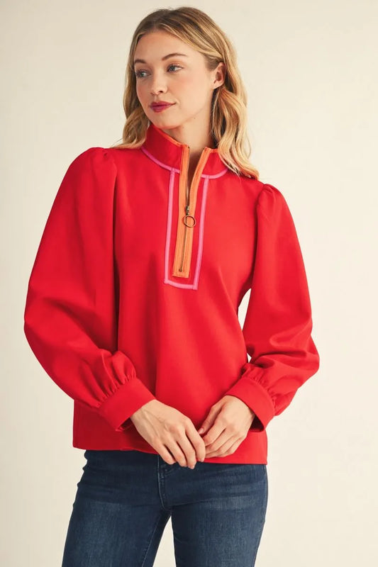 Long puff sleeves front zip up casual top