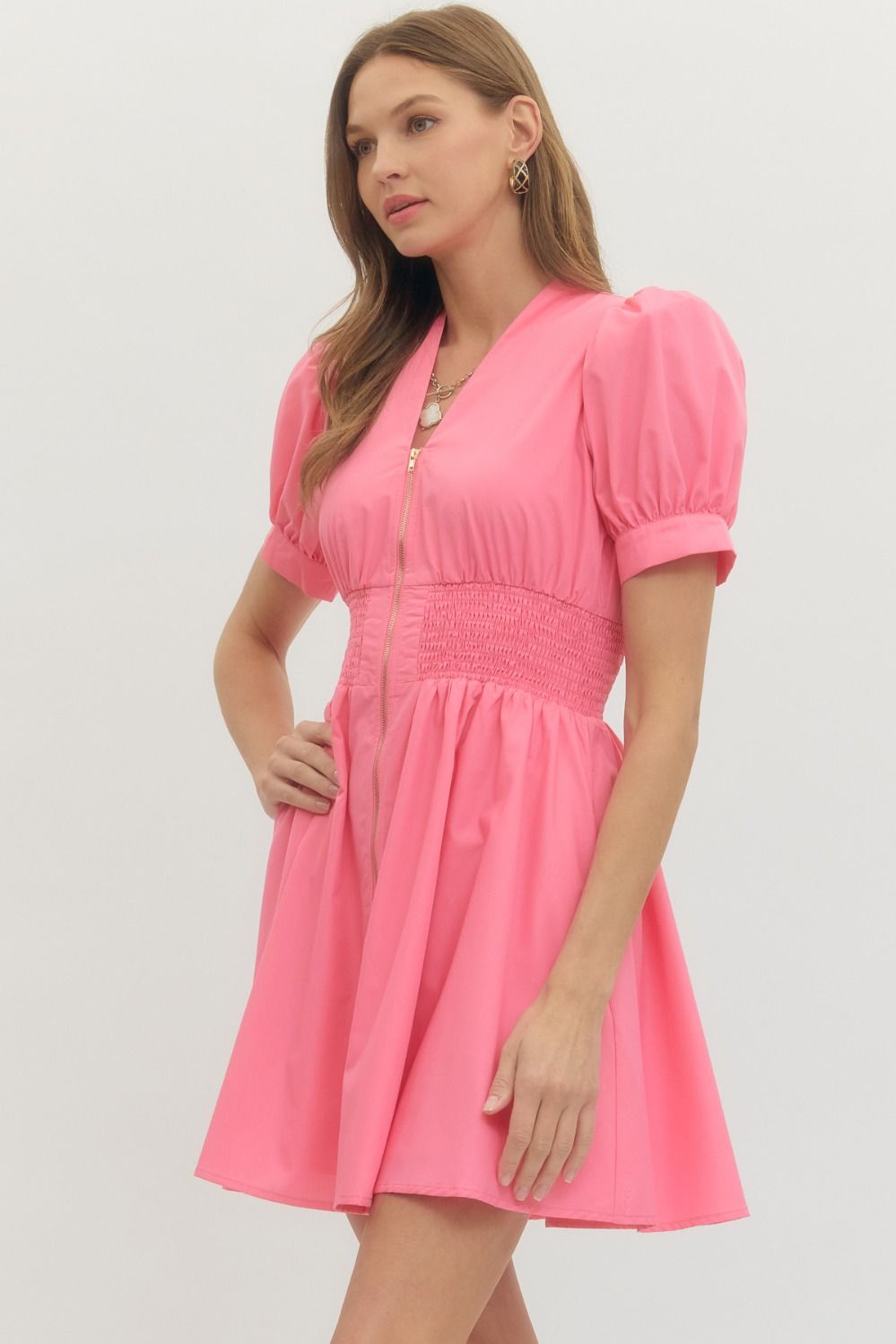 Solid short puff sleeve V-neck mini dress