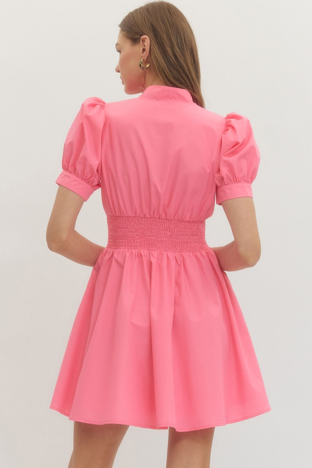 Solid short puff sleeve V-neck mini dress