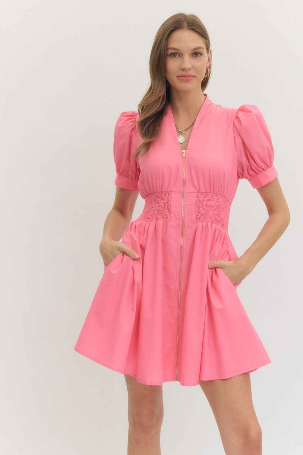 Solid short puff sleeve V-neck mini dress
