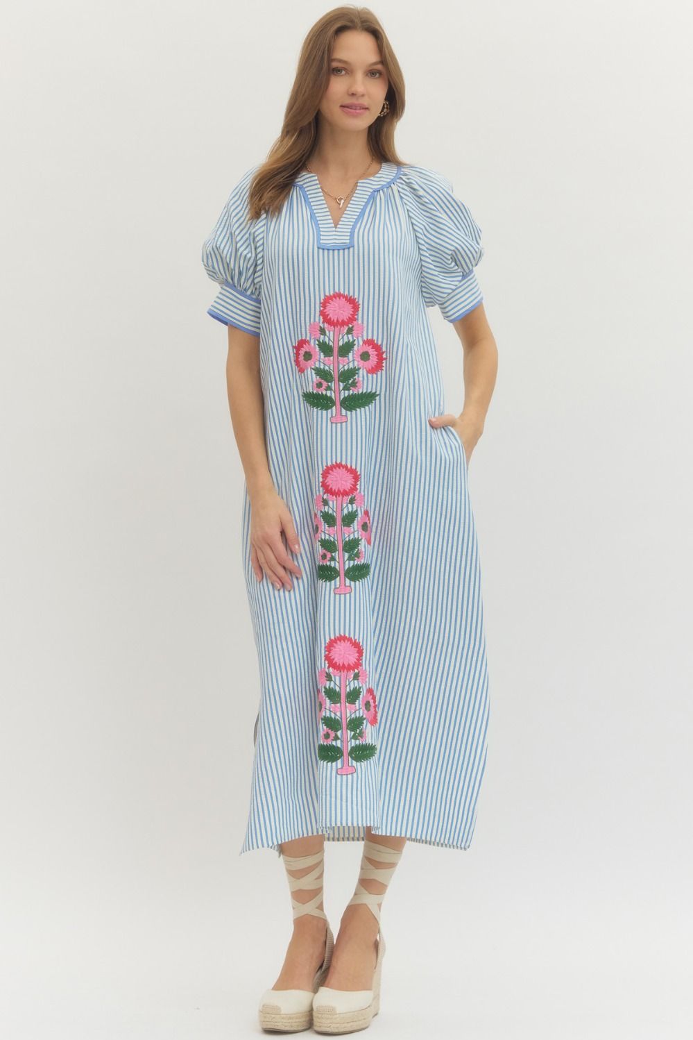 Stripe short sleeve midi dress featuring floral embroidery