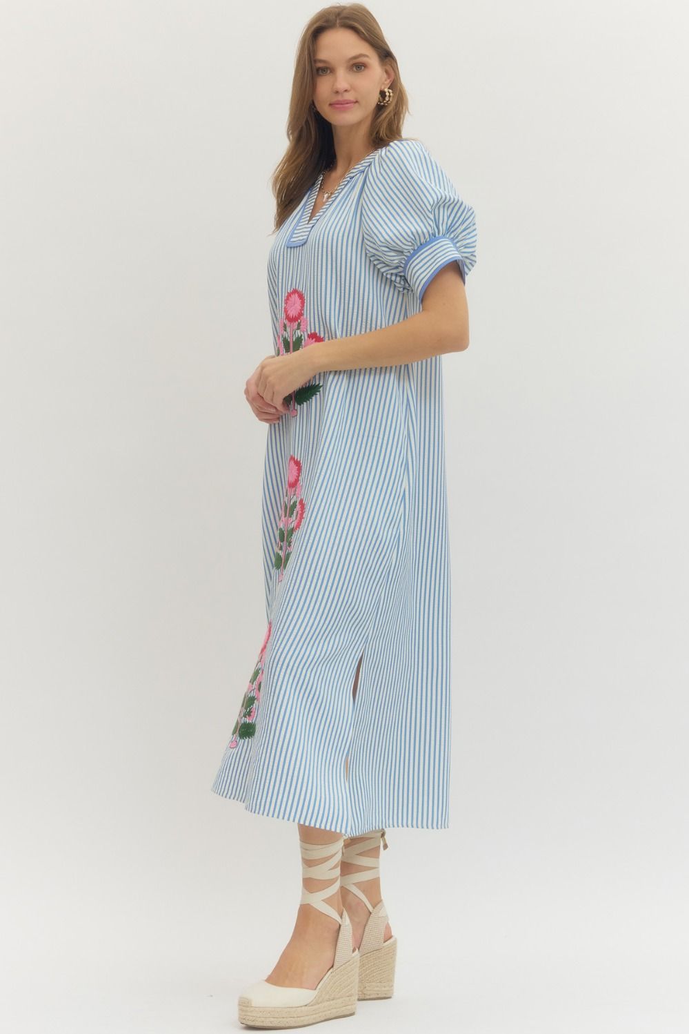 Stripe short sleeve midi dress featuring floral embroidery