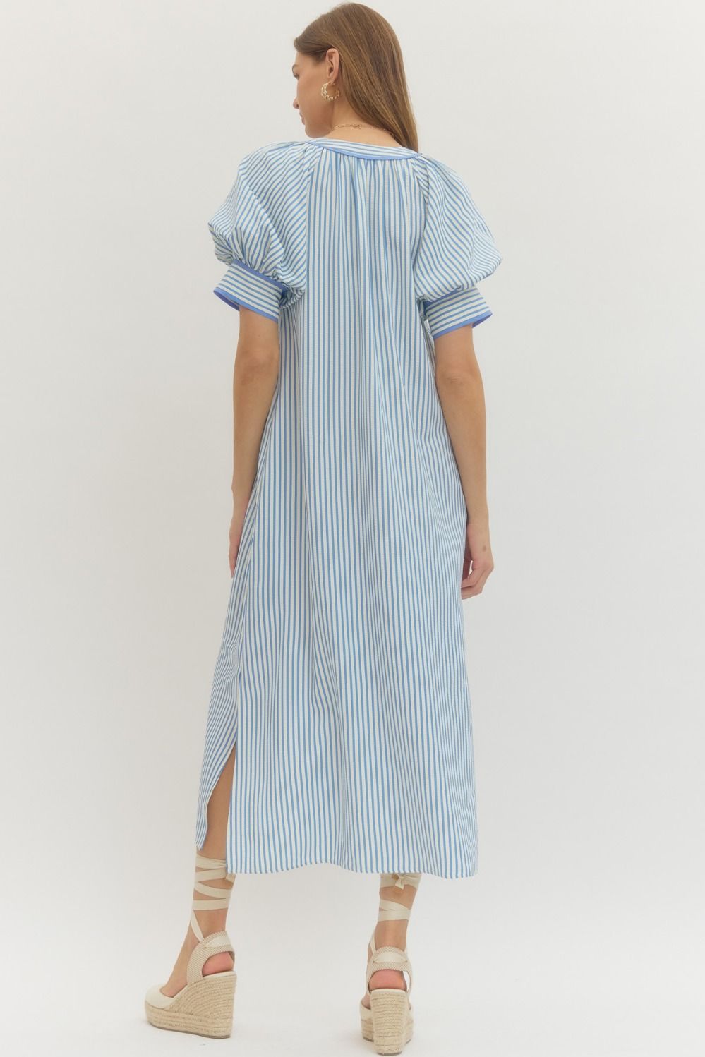 Stripe short sleeve midi dress featuring floral embroidery