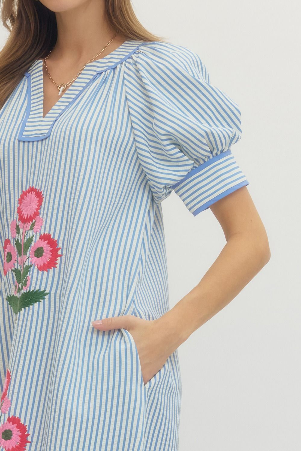 Stripe short sleeve midi dress featuring floral embroidery