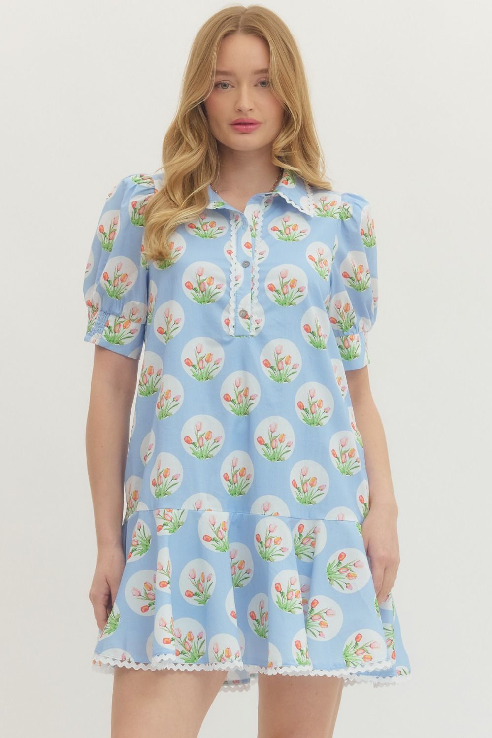 Tulip print short puff sleeve mini dress