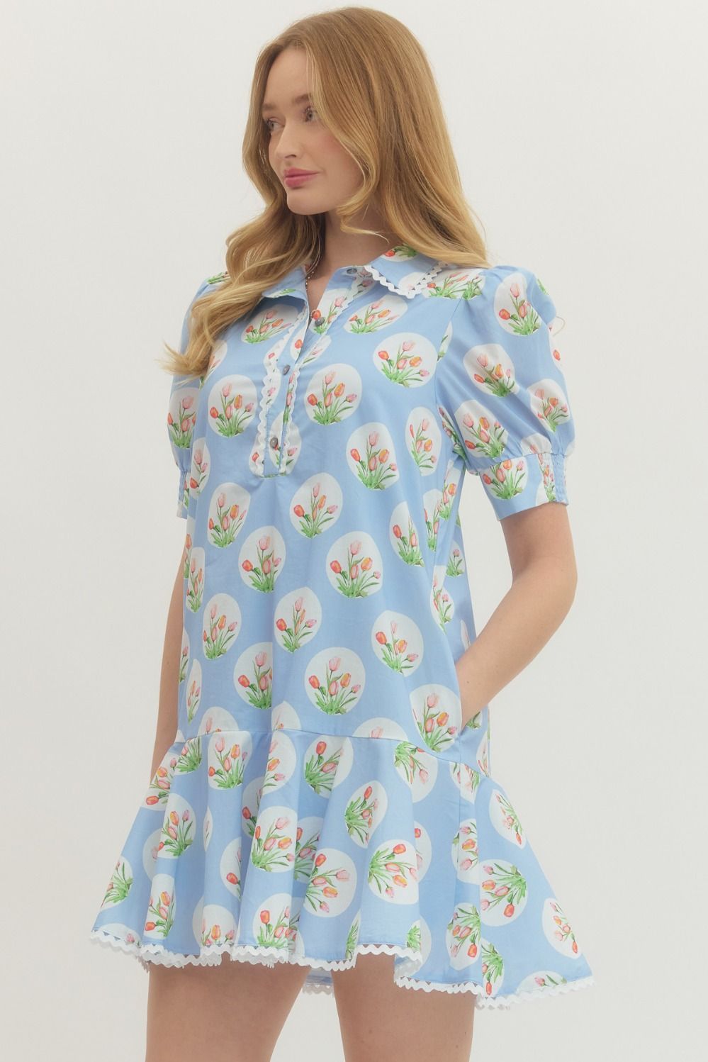 Tulip print short puff sleeve mini dress