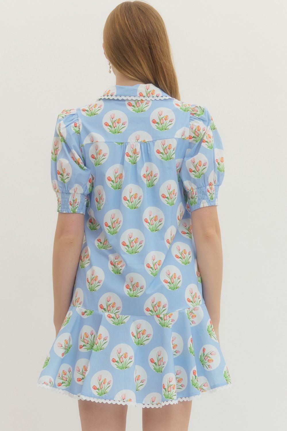 Tulip print short puff sleeve mini dress