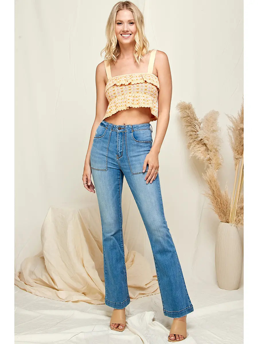 High Rise Out-Stitch Pockets Flare Jeans