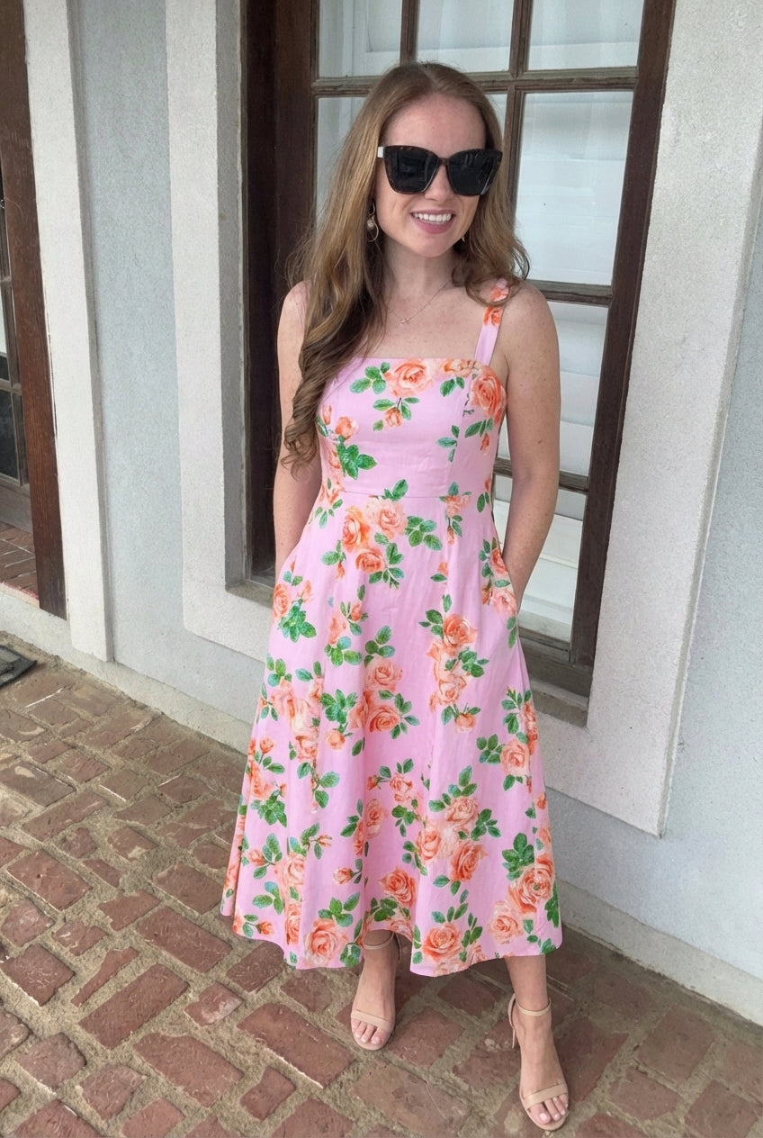 Printed Woven Midi Dress pink floral