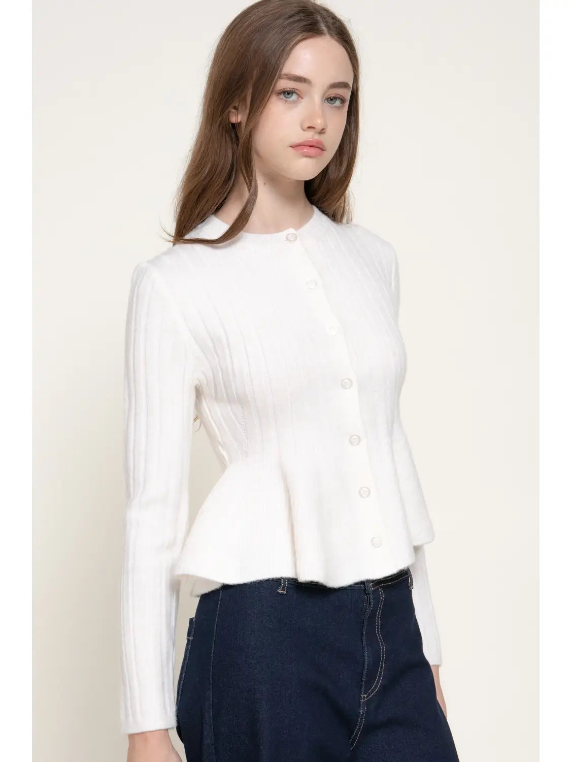 Long Sleeve Round Neck Button Down Peplum Sweater Cardigan