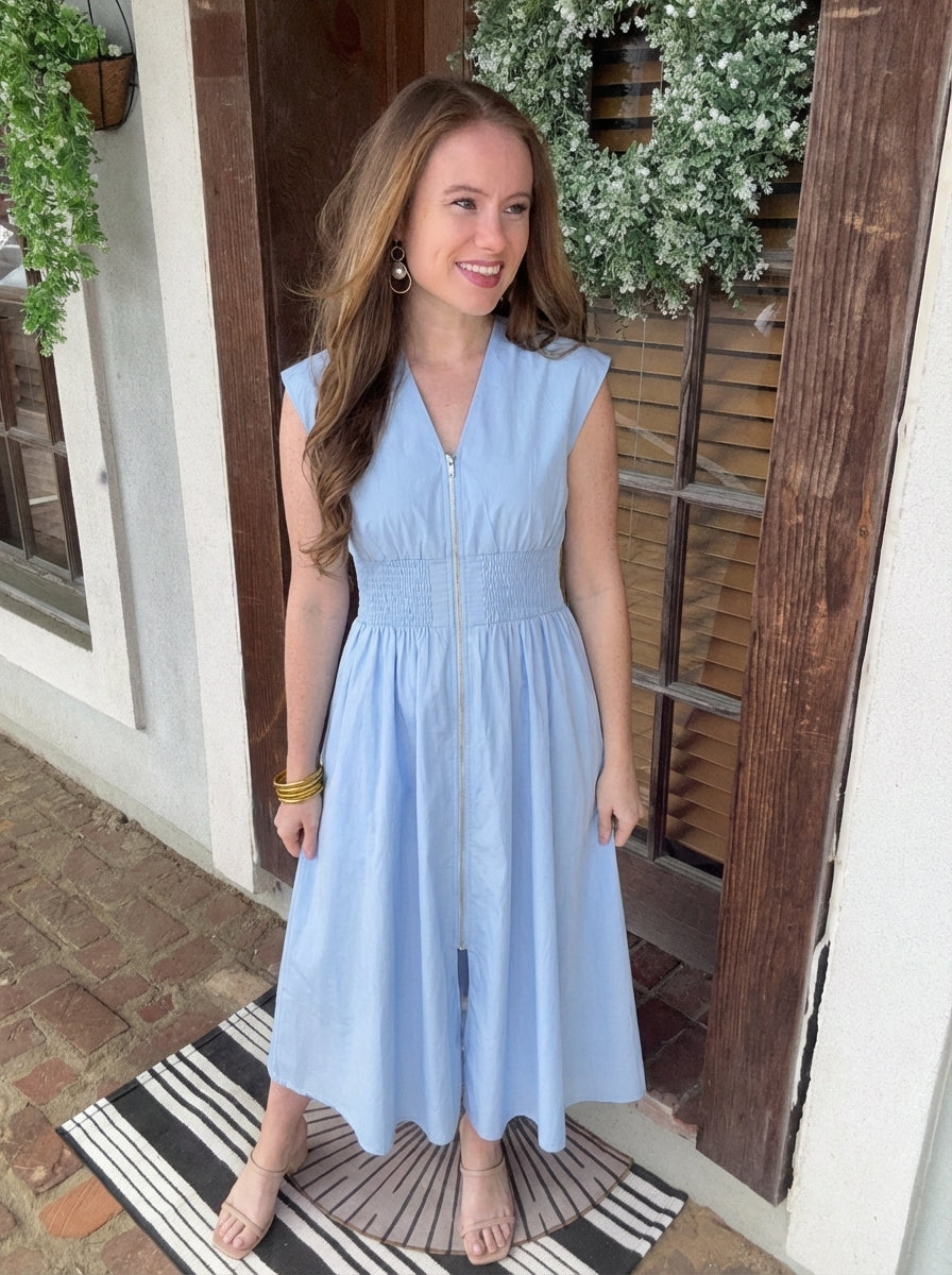 DROP SHOULDER SMOCKED WAIST MIDI DRESS WITH FRONT ZIPPER AND POCKETS powder blue