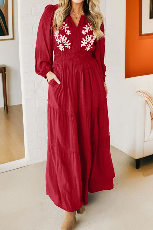 Red Contrast Embroidered Detail Cinched Waist Tiered Long Sleeve Maxi Dress