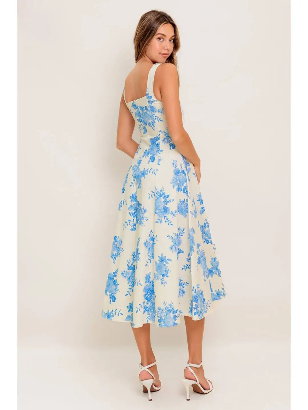Printed Woven Midi Dress  white with blue flowers
