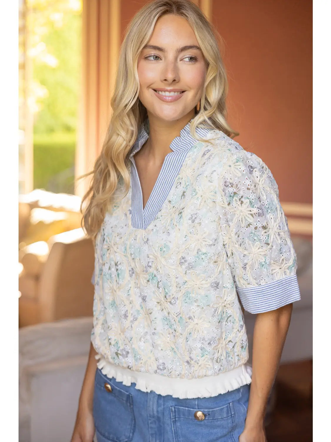Stripe Contrast Detail Floral Embroidered Top