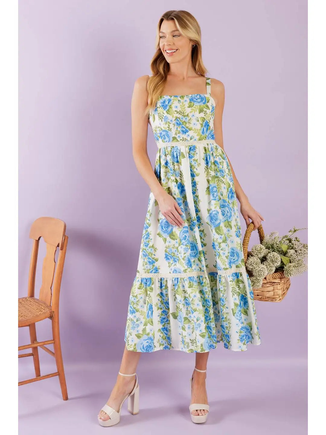 Printed Woven Midi Dress blue and green floral