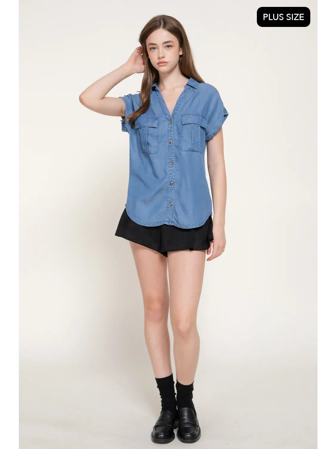 Dolman Short Sleeve Button Down Tencel Shirt PLUS