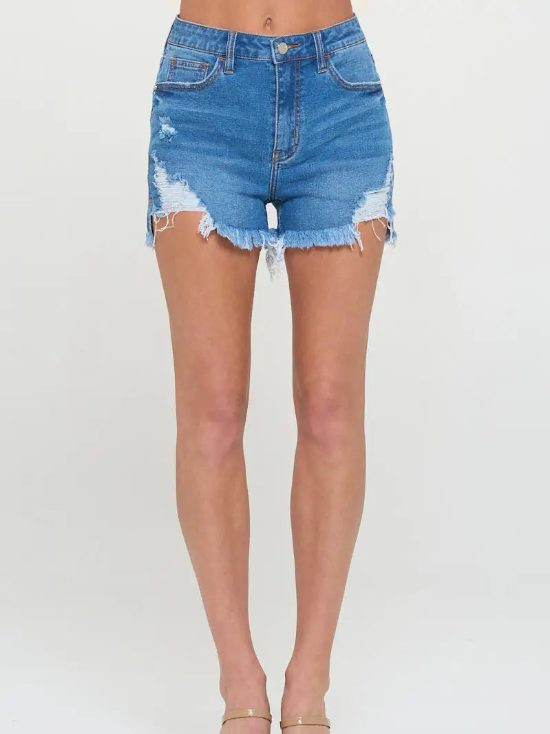 Medium Wash - High Rise Distressed Denim Shorts