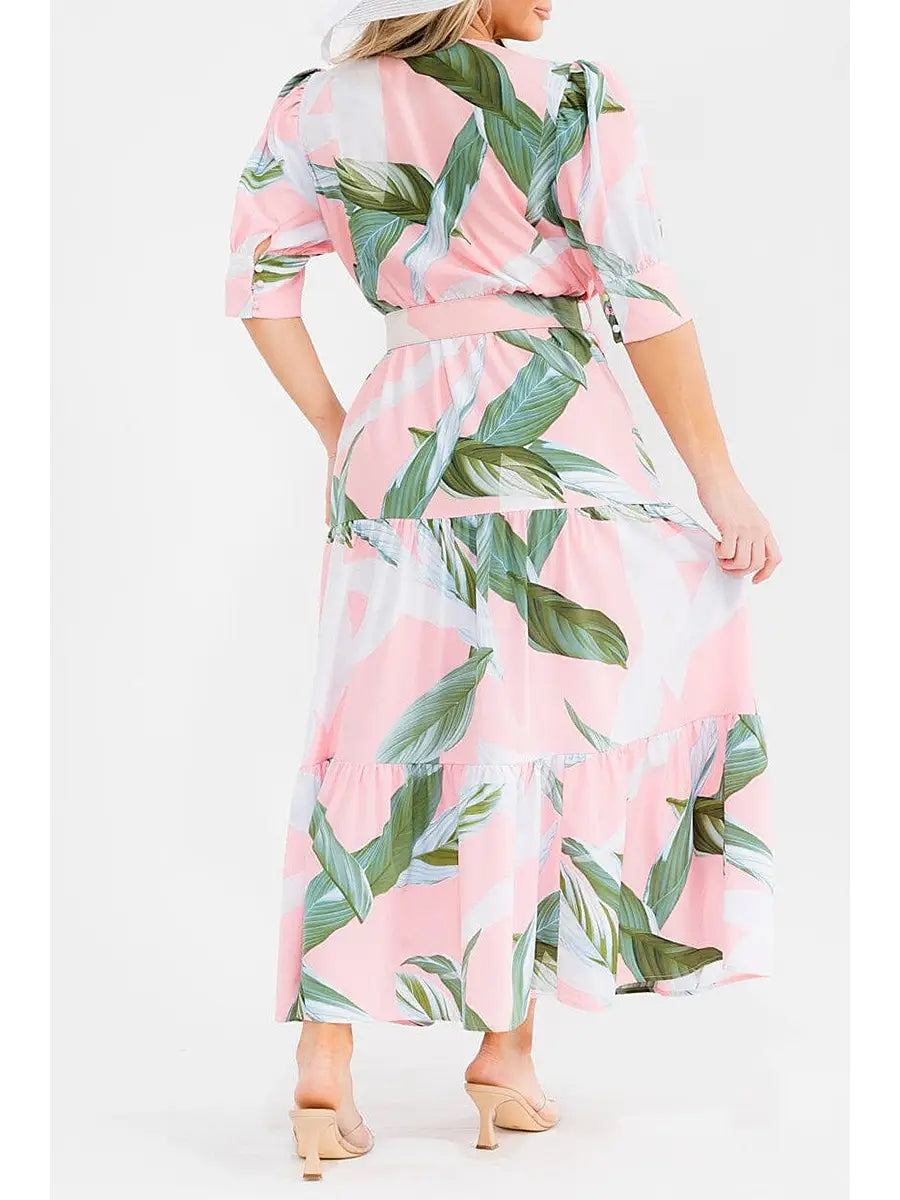 Leaf Print Short Sleeve Belted Maxi Dress