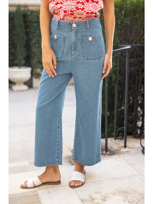 Double Pocket Gold Button Straight Leg Jean Pants