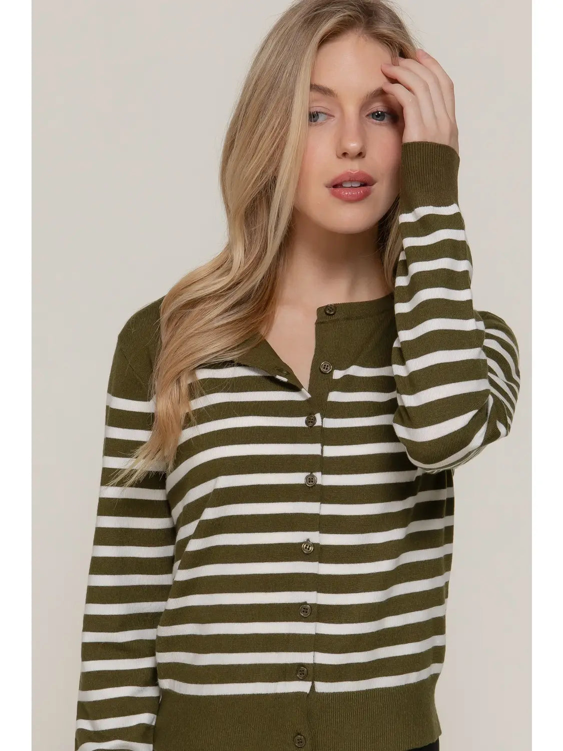 Long Sleeve Crew Neck Stripe Sweater Cardigan